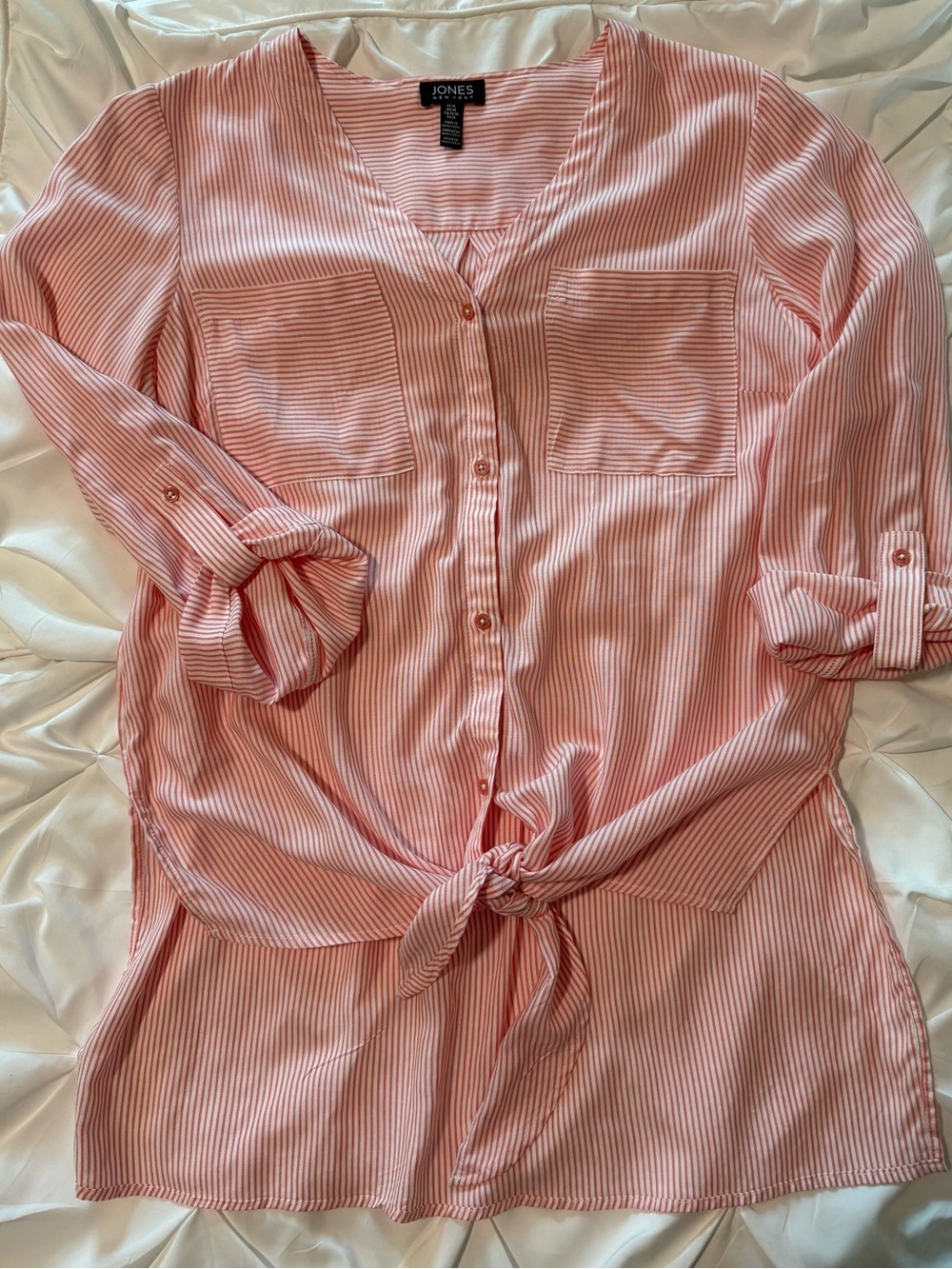 Jones New York Women’s Coral & White Striped Tie Front Button-Up, Size M